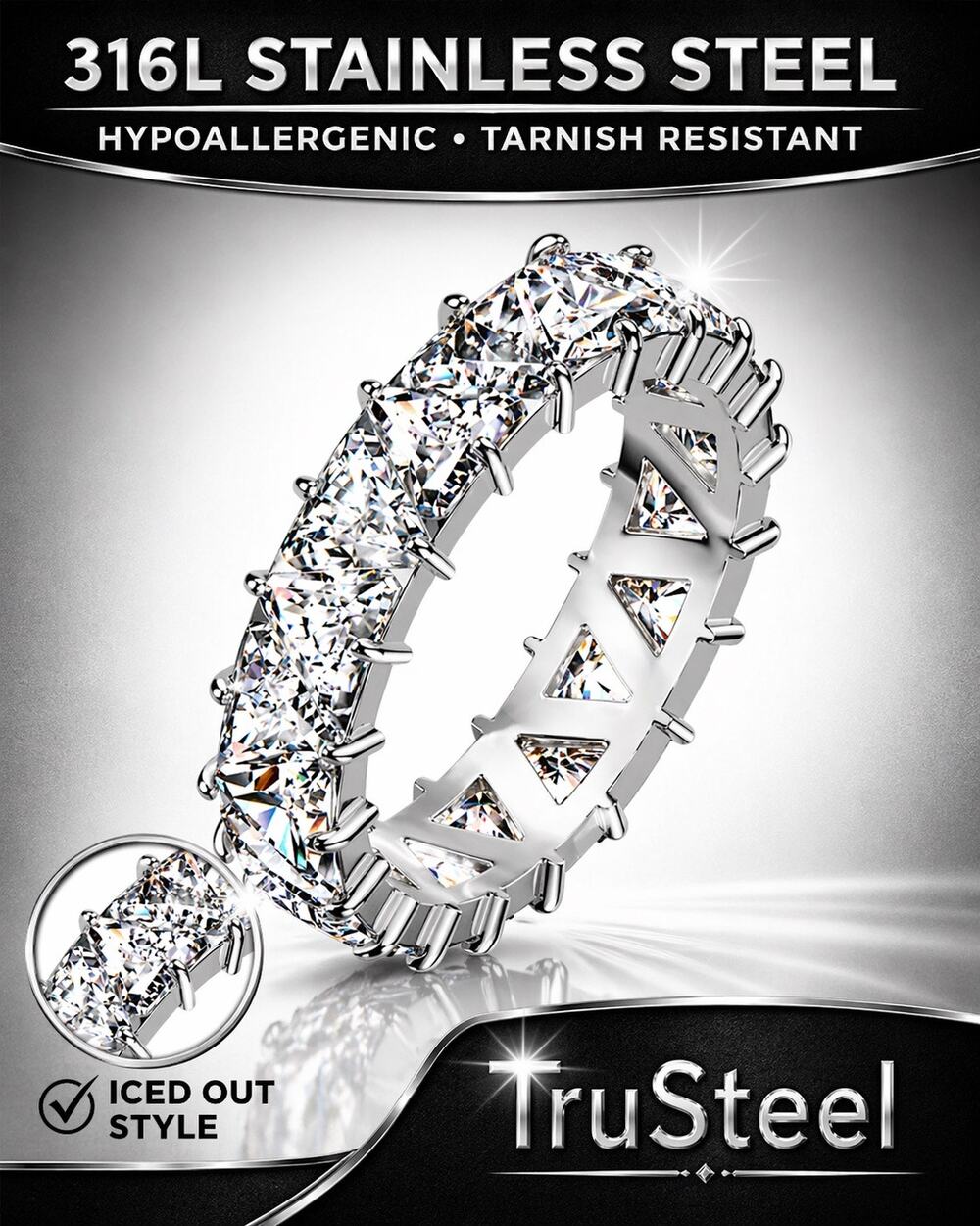 Women’s Triangle cubic zirconia Eternity 316L Stainless Steel Ring band Size‎ 6